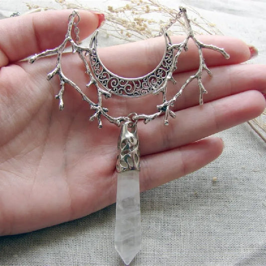 White Crystal Crescent Moon Branches Necklace Pendant