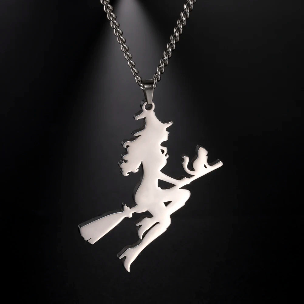 Witch Cat Flying Magic Broom Pendant Necklace for Women Men Stainless Steel Wicca Necklaces Halloween Jewelry Accessories Gifts