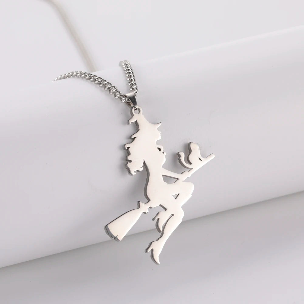 Witch Cat Flying Magic Broom Pendant Necklace for Women Men Stainless Steel Wicca Necklaces Halloween Jewelry Accessories Gifts