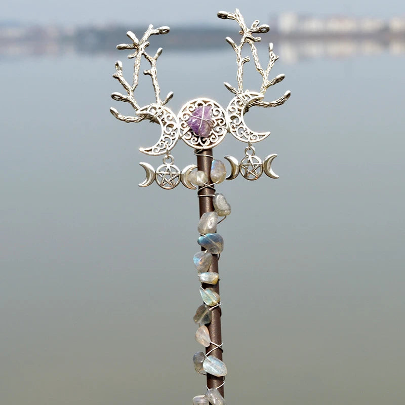 Ornate Amethyst Witch Crystal Wand with antler branches and moon phase crystals