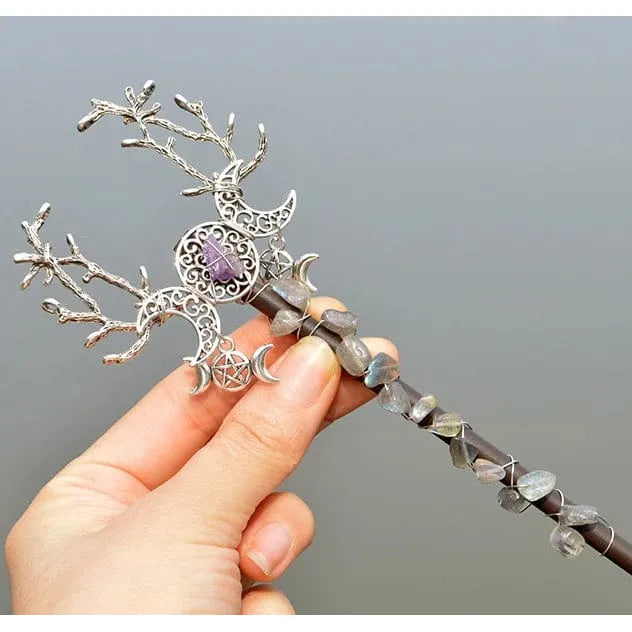 Ornate silver key with crystal accents in Amethyst Witch Crystal Wand design.