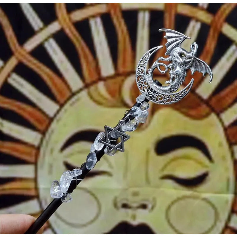 Ornate silver dragon key design on Amethyst Witch Crystal Wand Natural Quartz.