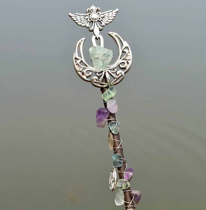 Decorative silver key pendant featuring an angel and crystals for Amethyst Witch Crystal.