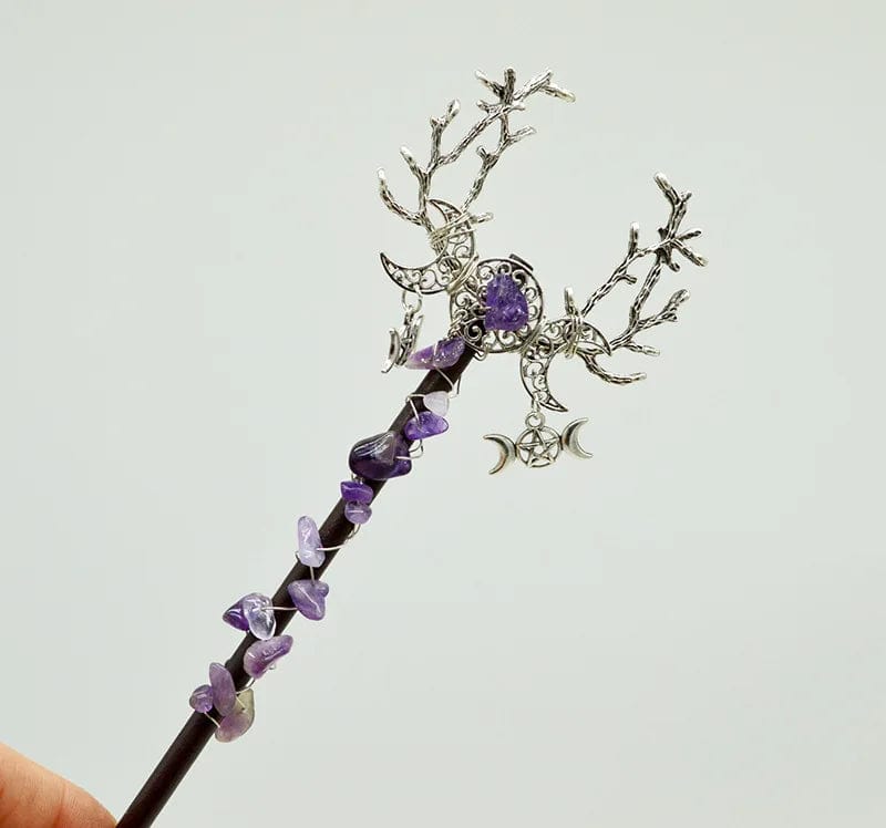 Ornate Amethyst Witch Crystal Wand with twisted purple crystals and silver antler design.